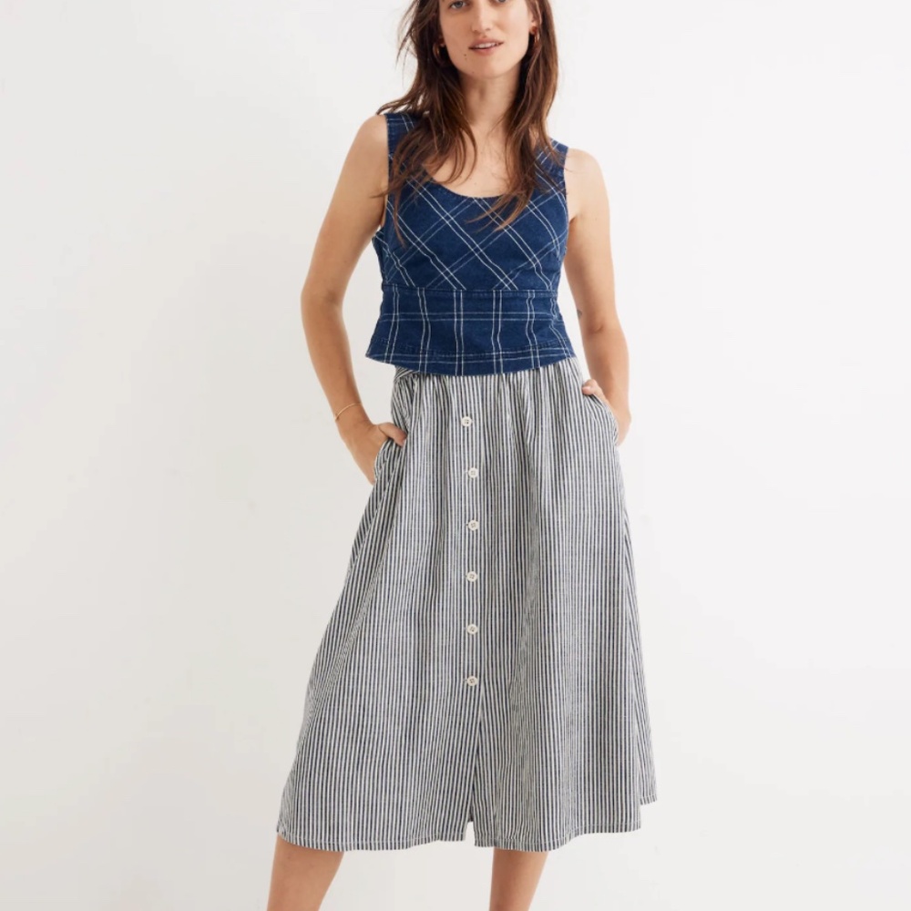Palisade Button-Front Midi Skirt in Chambray Stripe
